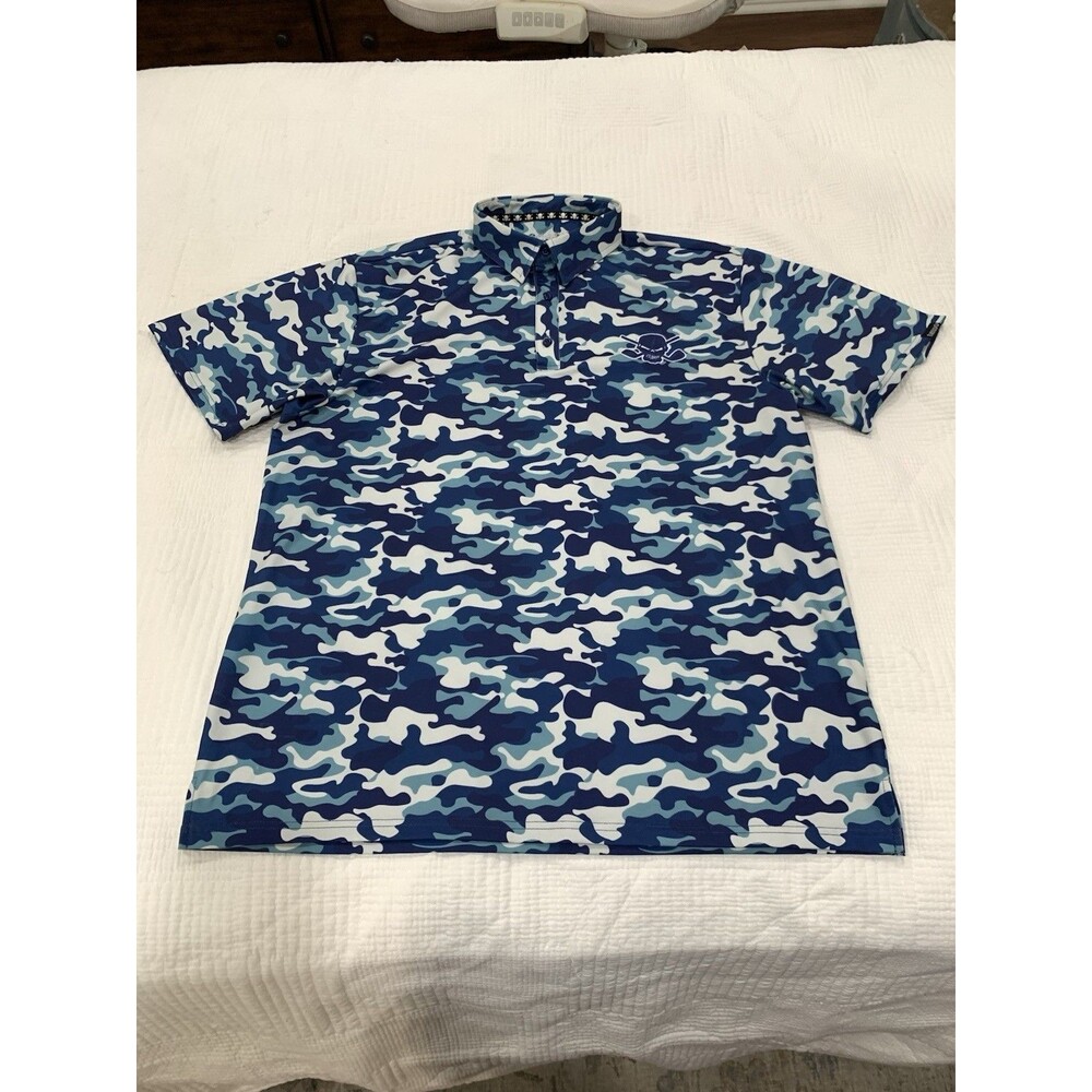 Tattoo Golf Blue Navy White Camouflage Polo Shirt Button Size XL Skull